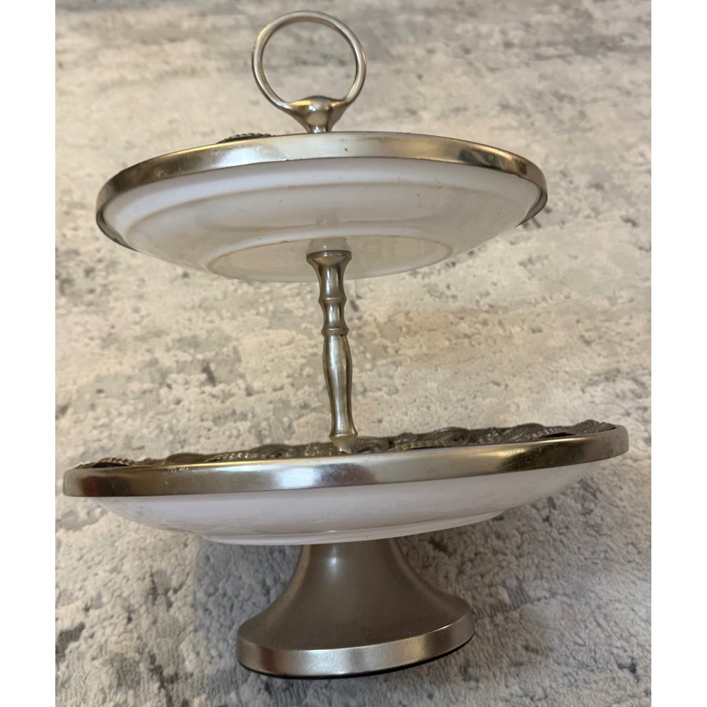 Vintage 2 Tier‎ Dessert Stand Silver Filigree White Milk Glass Serving Tray